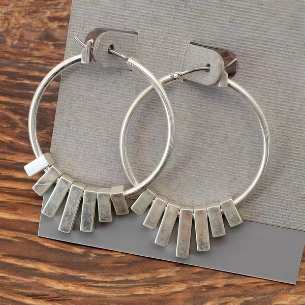 Handmade Vintage - Style Silver Hoop Earrings with Geometric Accents