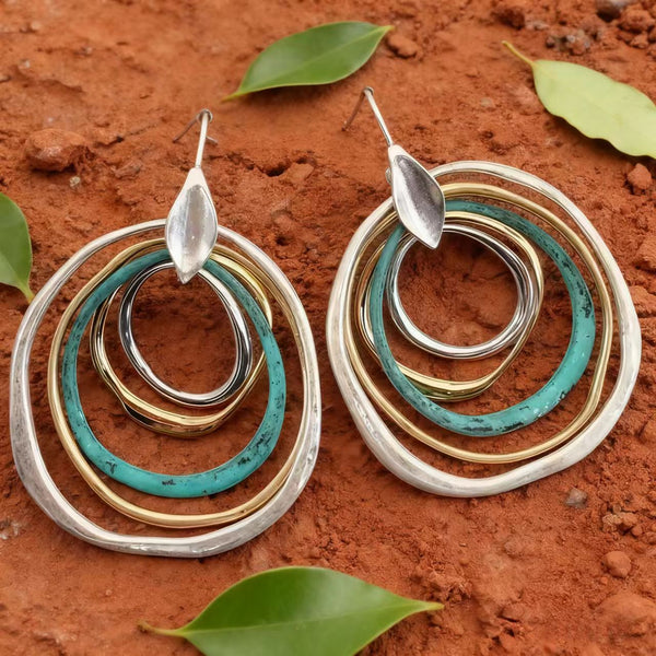 Handmade Bohemian Multi - Ring Earrings with Silver, Copper and Turquoise Accents