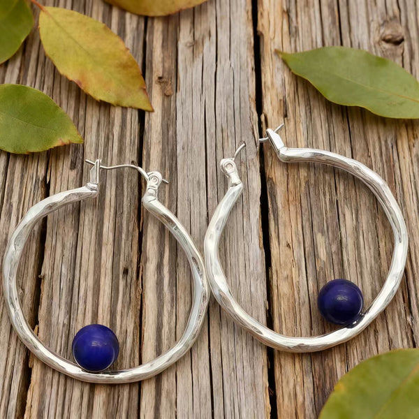 Handmade Bohemian Silver Hoop Earrings with Lapis Lazuli Accent