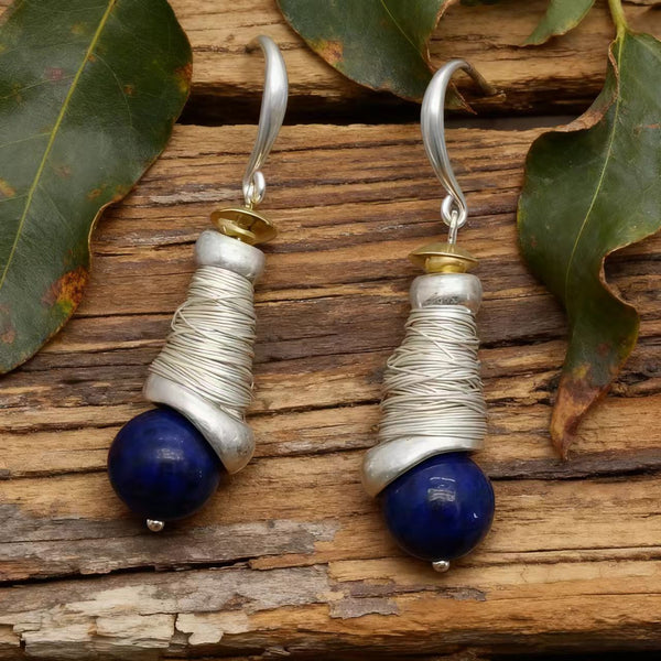 Handmade Bohemian Silver Drop Earrings with Lapis Lazuli Accent