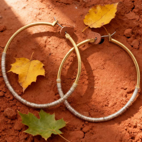 Handmade Bohemian Copper Hoop Earrings with Silver Wire Wrapping