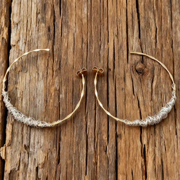 Handmade Bohemian Copper Hoop Earrings with Silver Wire Weaving