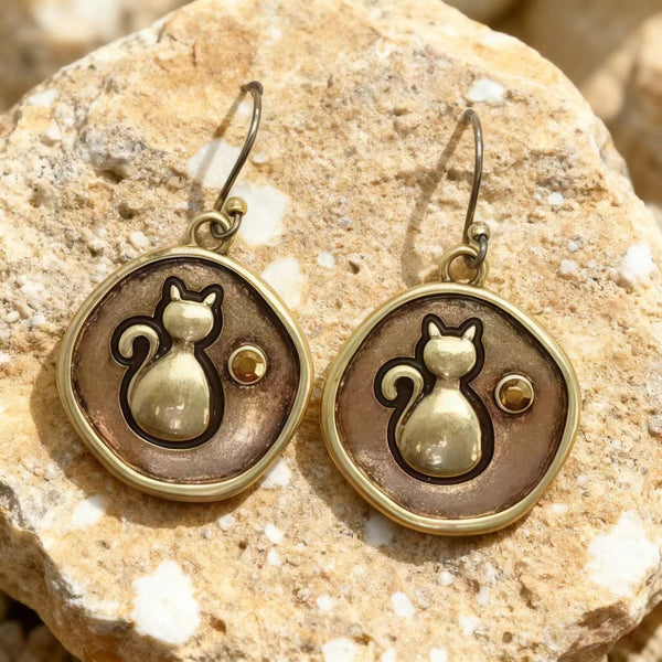 Handmade Copper Cat - Themed Drop Earrings