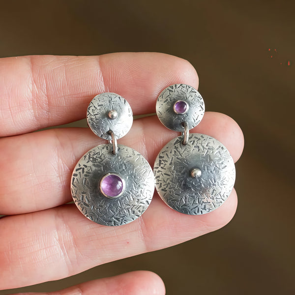 Handmade Bohemian Silver Disc Earrings with Crystal Accents