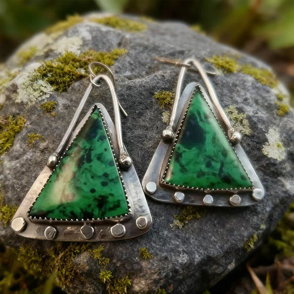 Handmade Bohemian Silver Earrings with Malachite Inlay