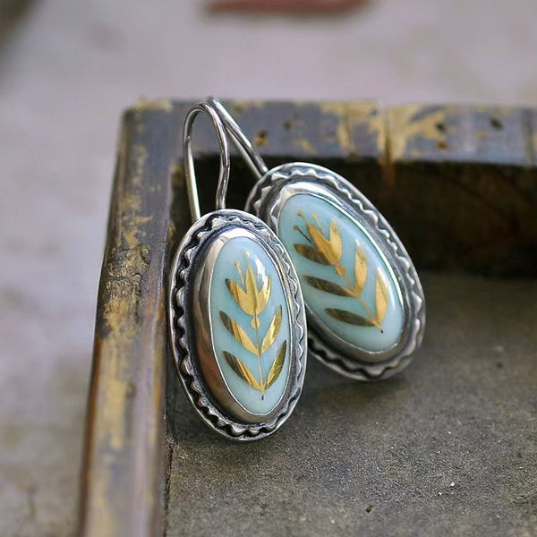 Handmade Silver Vintage Graffiti - Style Earrings with Natural Stone