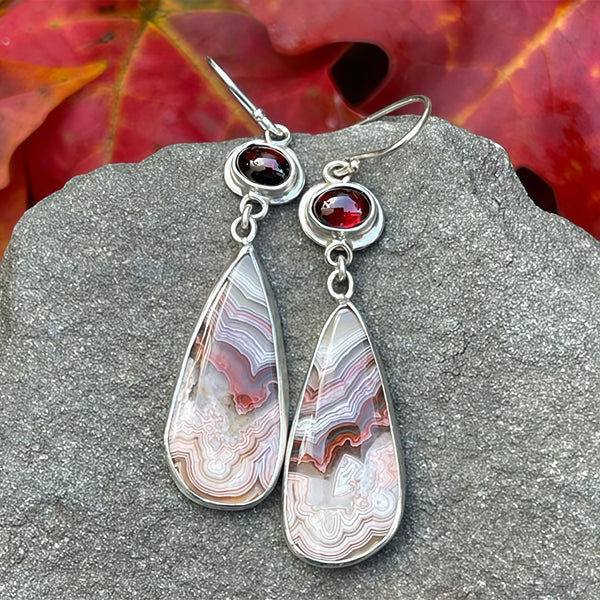Handmade Silver Teardrop Earrings with Natural Stone and Garnet Accents