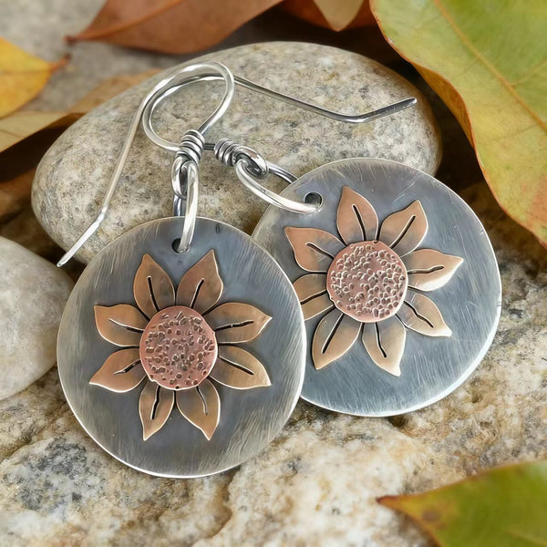 Handmade Bohemian Silver Floral Disc Earrings