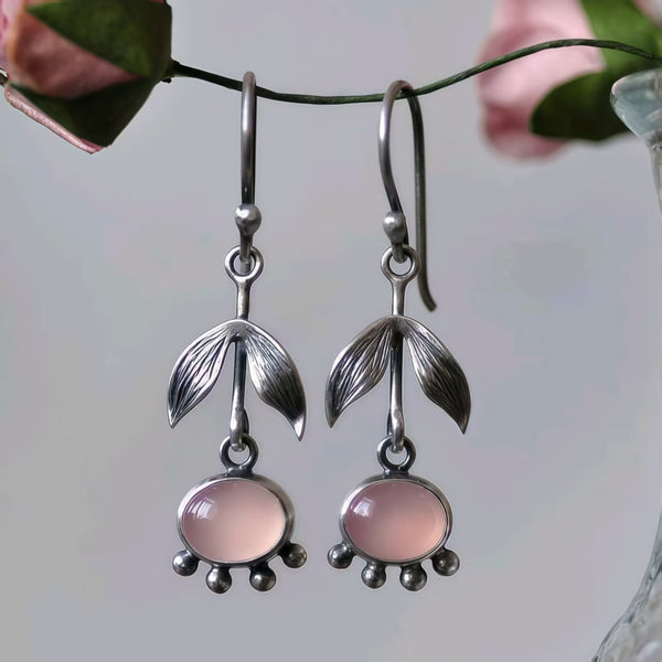 Handmade Bohemian Silver Earrings with Rose Quartz & Leaf Motif