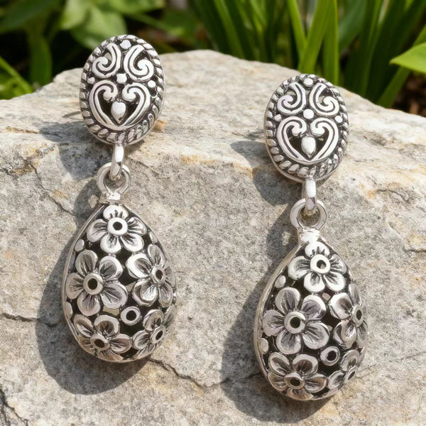 Handmade Bohemian Silver Filigree Flower Drop Earrings