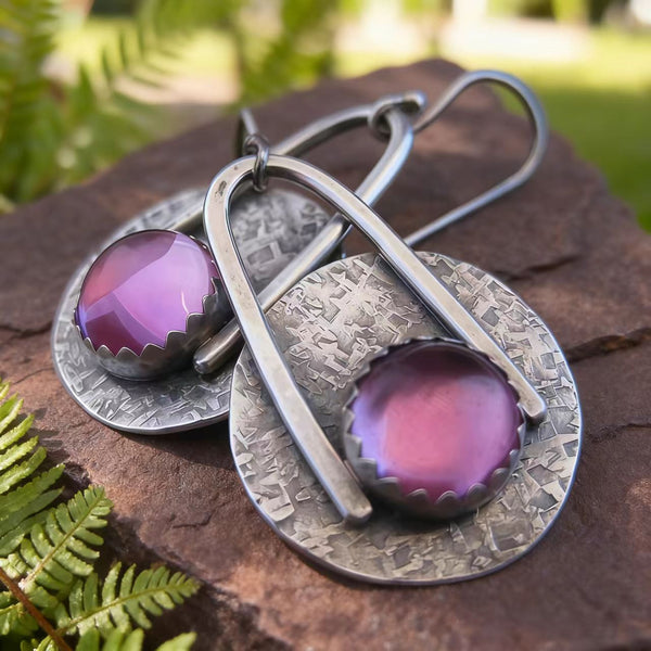Handmade Bohemian Silver Earrings with Purple Crystal Inlay