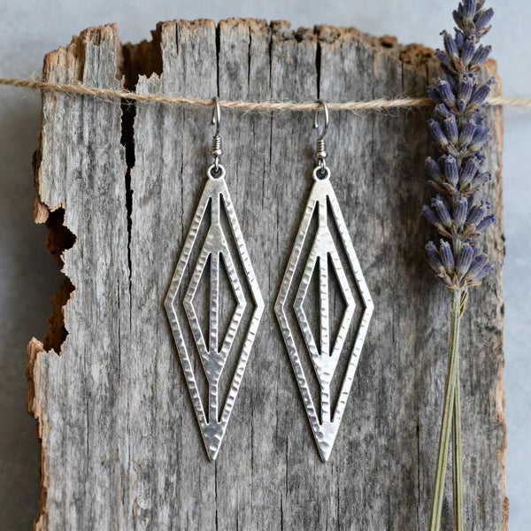 Handmade Bohemian 925 Sterling Silver Hammered Diamond - Shaped Drop Earrings