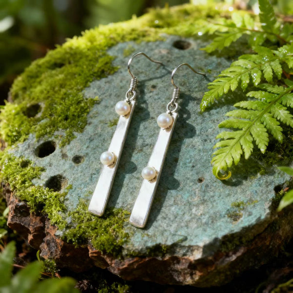 Handmade Bohemian 925 Sterling Silver Bar Earrings with Pearl Accents