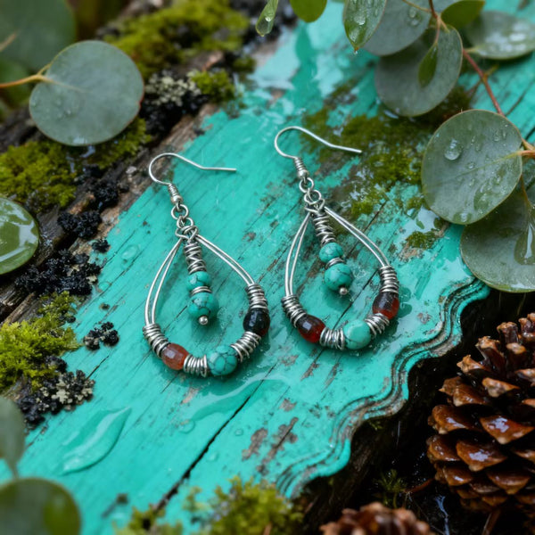 Handmade Bohemian 925 Sterling Silver Teardrop Earrings with Turquoise and Natural Stone Accents