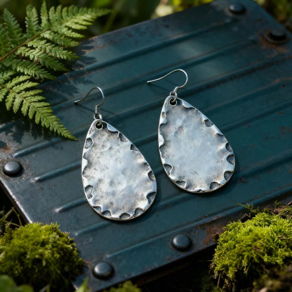 Handmade Bohemian 925 Sterling Silver Hammered Teardrop Earrings