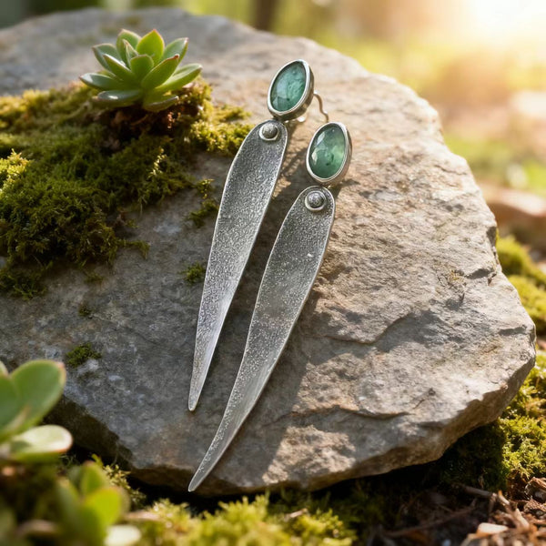 Handmade Bohemian 925 Sterling Silver Drop Earrings with Green Agate Accents