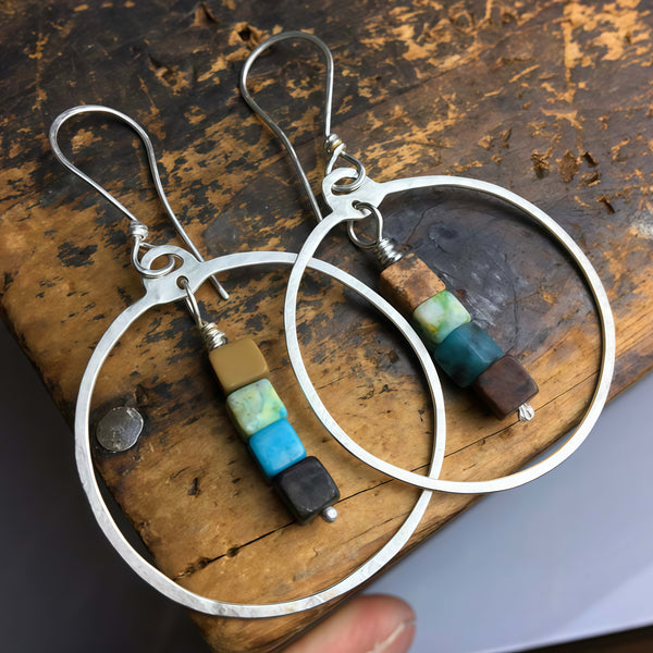 Handmade Bohemian 925 Sterling Silver Hoop Earrings with Multi - Natural Stone Accents