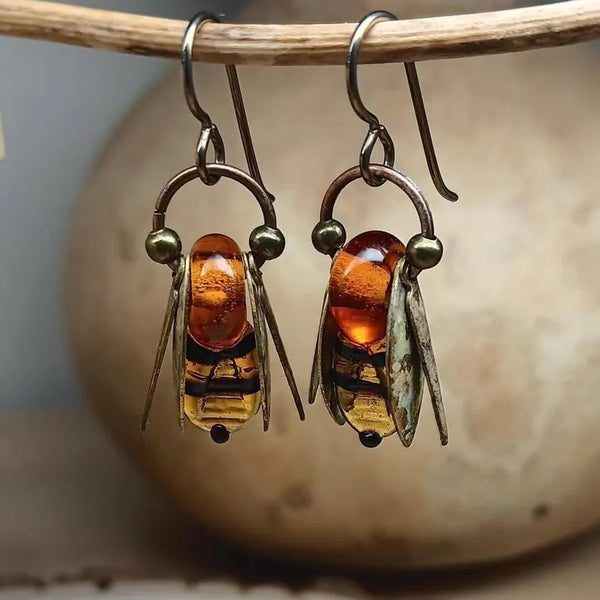Handmade Boho Copper Bee Earrings with Amber Accents