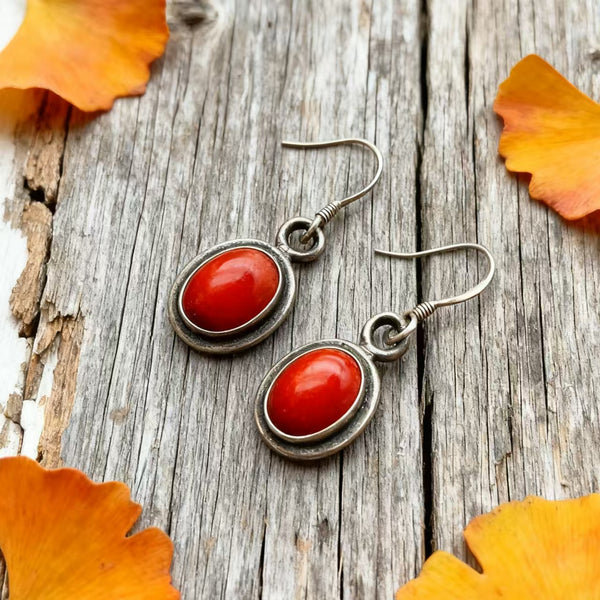 Handmade Bohemian 925 Sterling Silver Earrings with Red Coral Accents