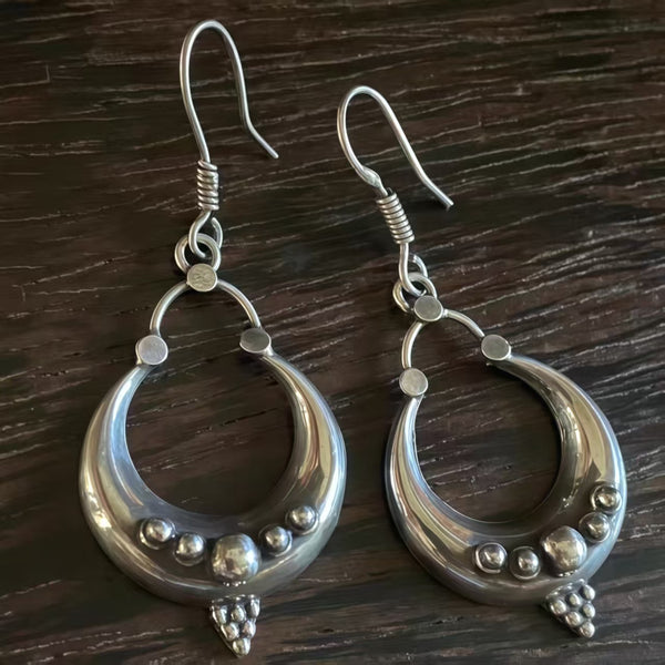 Handmade Bohemian 925 Sterling Silver Crescent Earrings with Textured Bead Accents