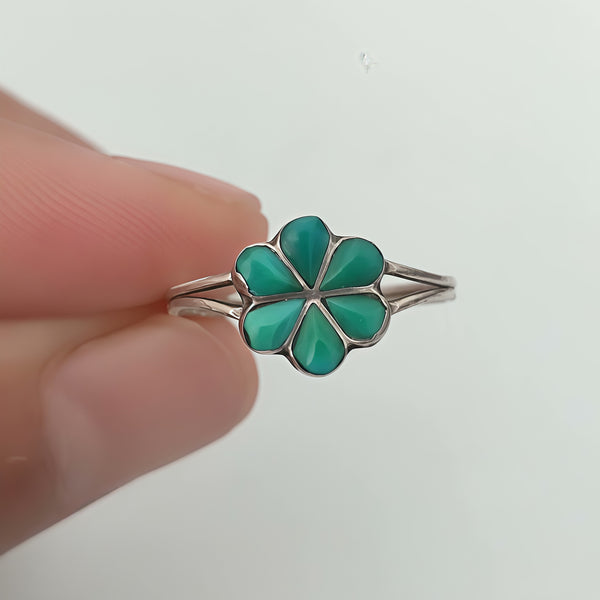 Handmade Bohemian 925 Sterling Silver Four - Leaf Clover Ring with Turquoise Accents