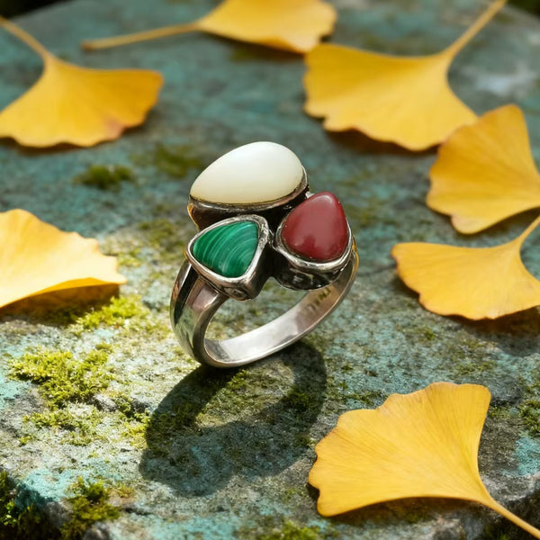Handmade Bohemian 925 Sterling Silver Multi - Gemstone Ring with Malachite, Red Agate, and White Mother of Pearl Accents