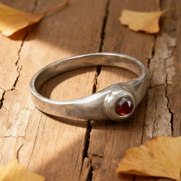 Handmade Bohemian 925 Sterling Silver Garnet Ring with Hammered Texture