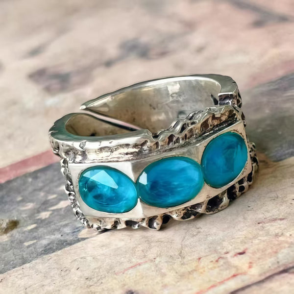 Handmade Bohemian 925 Sterling Silver Adjustable Ring with Blue Sapphire Accents