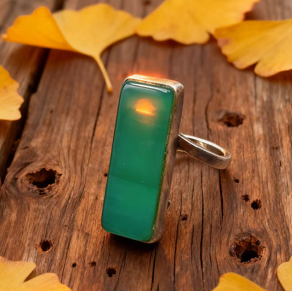 Handmade Bohemian 925 Sterling Silver Adjustable Ring with Green Agate Accent