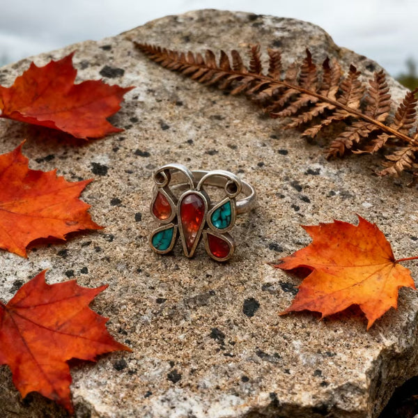 Handmade Bohemian 925 Sterling Silver Adjustable Butterfly Ring with Red Agate and Turquoise Accents