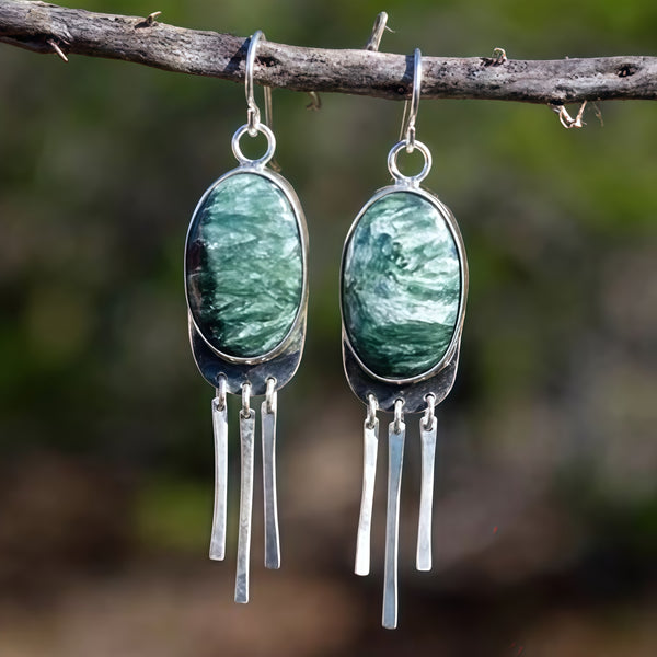 Handmade Bohemian 925 Sterling Silver Dangle Earrings with Natural Green Stone Accents