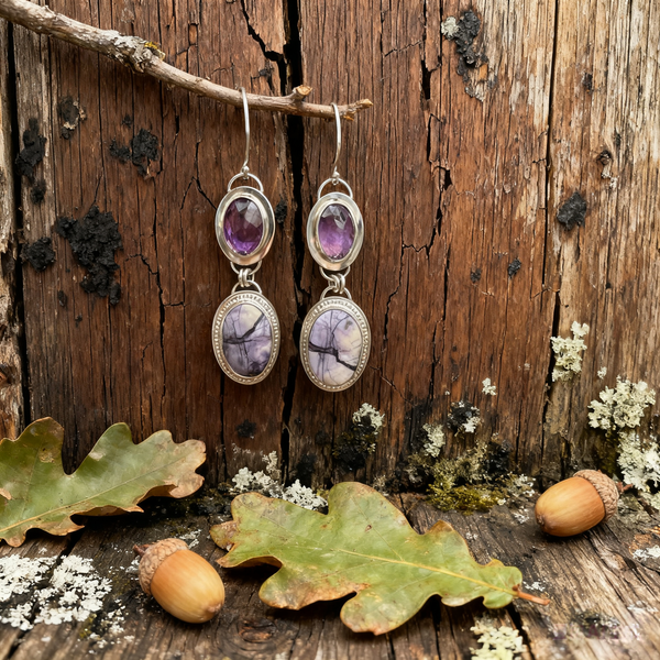 Handmade Bohemian 925 Sterling Silver Dangle Earrings with Amethyst Crystal and Natural Stone Accents