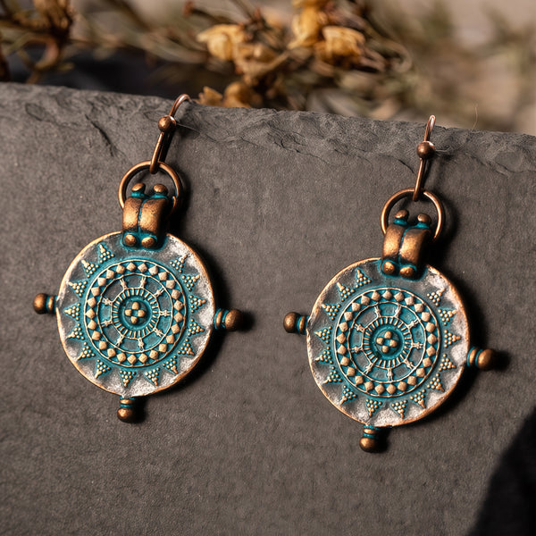 Handmade Bohemian Copper Dangle Earrings with Tribal Mandala Design
