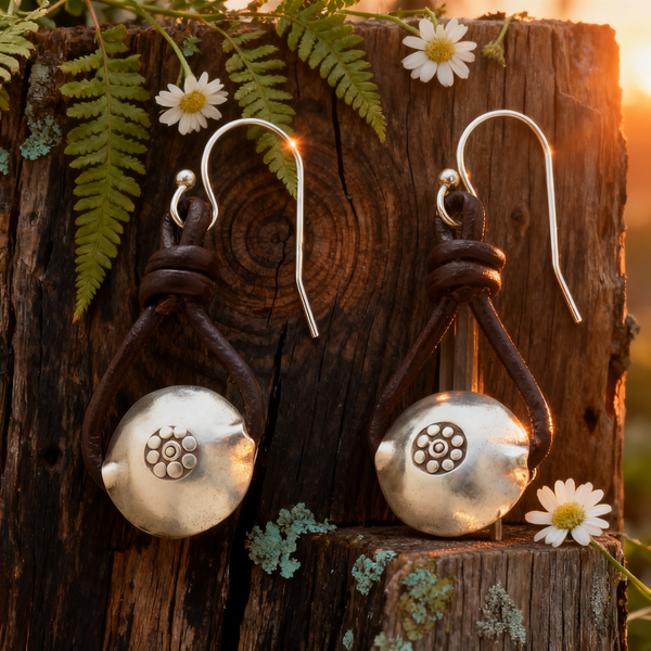 Handmade Bohemian  Sterling Silver Dangle Earrings with Leather Cord Accents