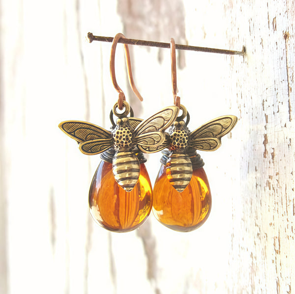 Handmade Bohemian Copper Dangle Earrings with Amber Accents and Bee Design
