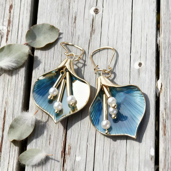 Handmade Bohemian Copper Dangle Earrings with Pearl Accents and Enamel Leaf Design