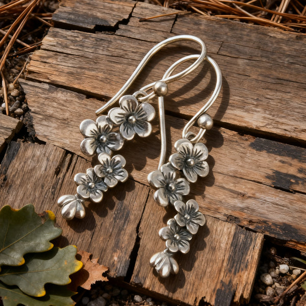 Handmade Bohemian  Sterling Silver Floral Dangle Earrings with Cherry Blossom Design