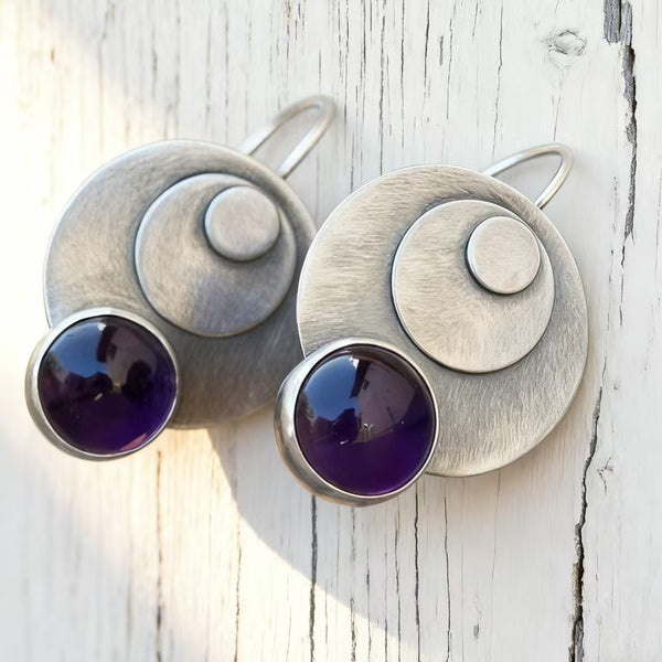 Handmade Bohemian 925 Sterling Silver Dangle Earrings with Purple Agate Accents and Geometric Design