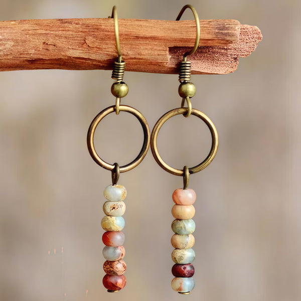 Handmade Bohemian Copper Dangle Earrings with Natural Stone Beads and Geometric Ring Design