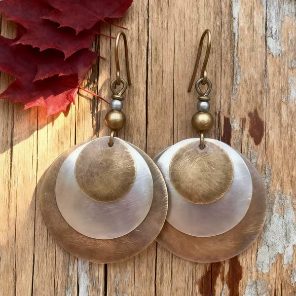 Handmade Bohemian Copper and Silver Dangle Earrings with Layered Disc Design