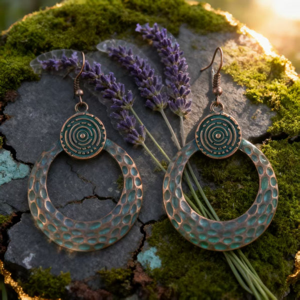 Handmade Bohemian Copper Dangle Earrings with Tribal Geometric Hoop Design