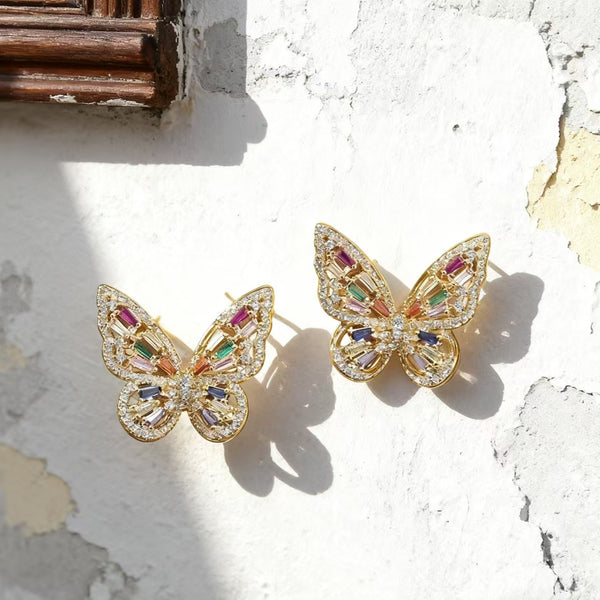 Handmade Bohemian Copper Stud Earrings with Colorful Zircon Butterfly Design