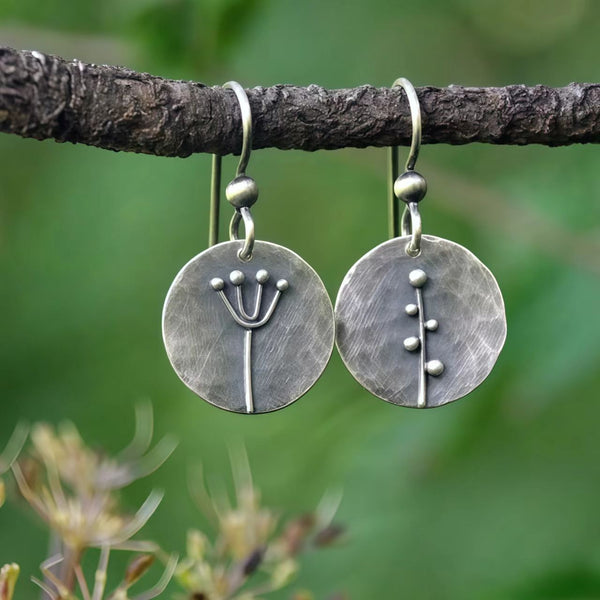 Handmade Bohemian 925 Sterling Silver Dangle Earrings with Asymmetric Botanical Design