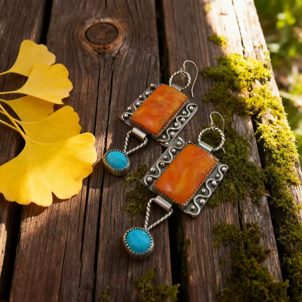 Handmade Bohemian 925 Sterling Silver Dangle Earrings with Red Agate and Turquoise Accents