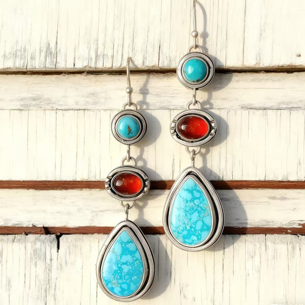 Handmade Bohemian 925 Sterling Silver Dangle Earrings with Garnet and Turquoise Accents