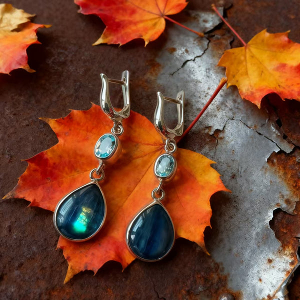 Handmade Bohemian 925 Sterling Silver Dangle Earrings with Sapphire and Crystal Accents