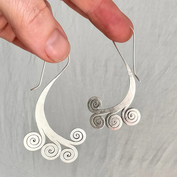 Handmade Bohemian  Sterling Silver Dangle Earrings with Asymmetric Spiral Design