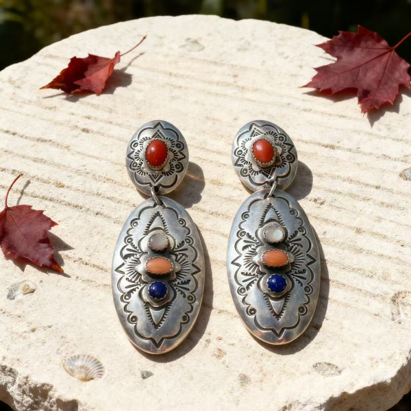 Handmade Bohemian 925 Sterling Silver Dangle Earrings with Multi-Gemstone Accents