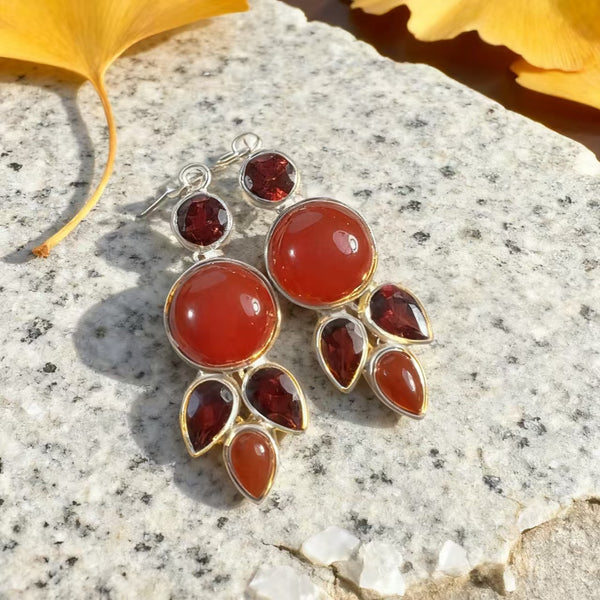 Handmade Bohemian 925 Sterling Silver Dangle Earrings with Crystal and Carnelian Accents