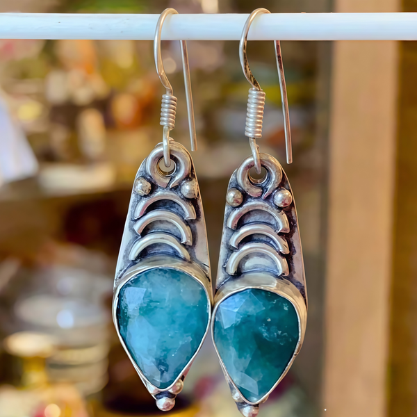 Handmade Bohemian 925 Sterling Silver Dangle Earrings with Amazonite Accents